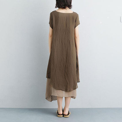 Fine Long Cotton Dresses False Two-piece Short Sleeve Coffee Plain Dress