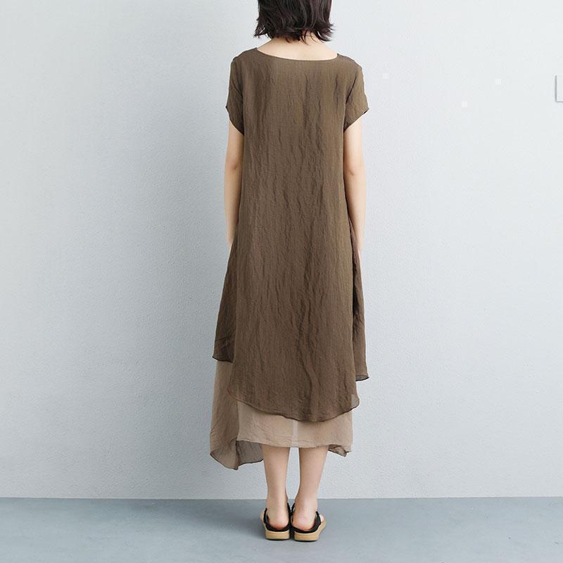Fine Long Cotton Dresses False Two-piece Short Sleeve Coffee Plain Dress