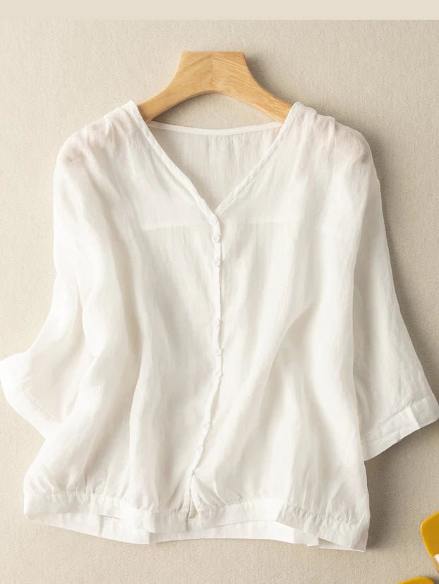 Pure Color V Neck 3/4 Sleeve Linen Shirt Top