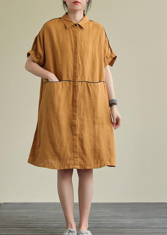 Yellow Linen Dress Lapel Pockets Summer Dresses
