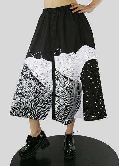 Black Button Elastic Waist Print a Line Skirts Spring