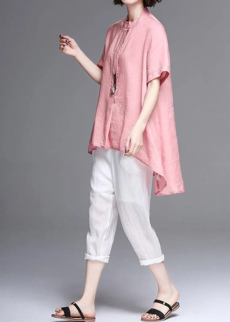 Pink Cotton Linen Clothes Work Stand Collar Asymmetric Summer Tops