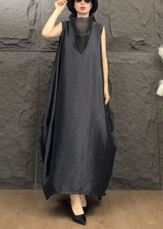 Black Patchwork Silk Long Dresses Turtleneck Summer