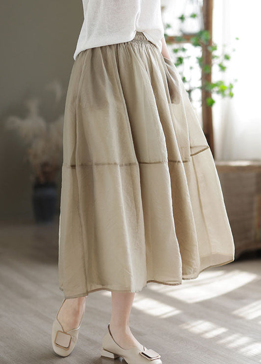 Khaki Elastic Waist Patchwork Organza Skirts Spring