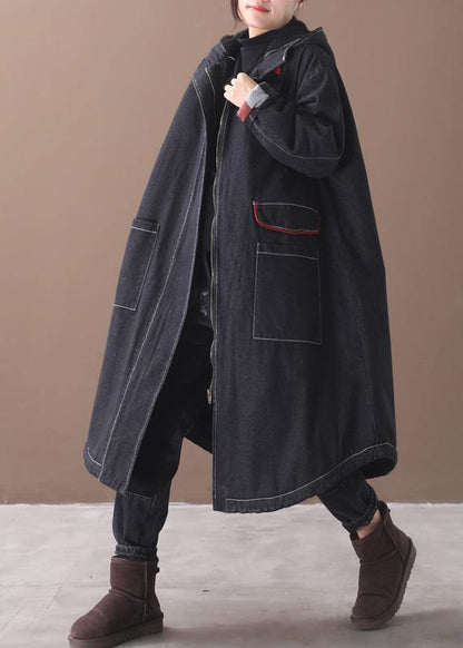 Clothing Jackets & Coats Hooded Overcoat Denim Black Two Pockets Parkas for