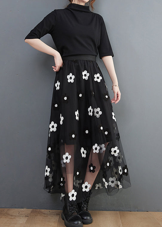 Black Elastic Waist Tulle a Line Skirt Spring