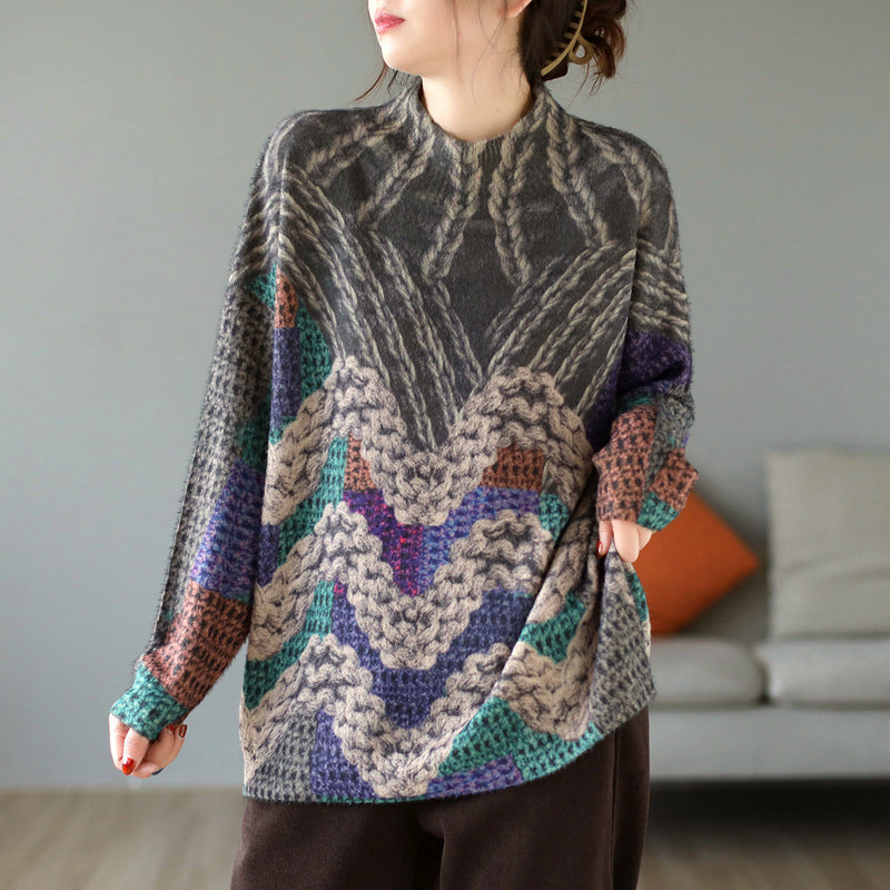 Artistic Retro Half Turtleneck Faux Mink Knitted Sweater