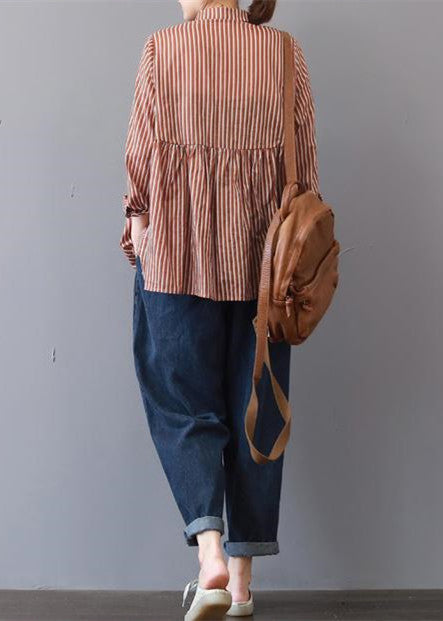 Boutique Red Striped Linen Blouse Traveling Clothing Fine Patchwork Lapel Collar Linen Blouses