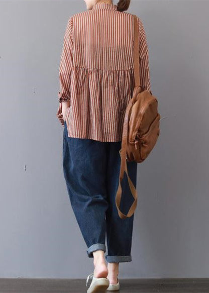 Boutique Red Striped Linen Blouse Traveling Clothing Fine Patchwork Lapel Collar Linen Blouses