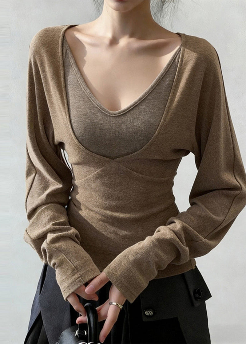 Khaki V Neck Patchwork Cotton Shirt Tops Spring