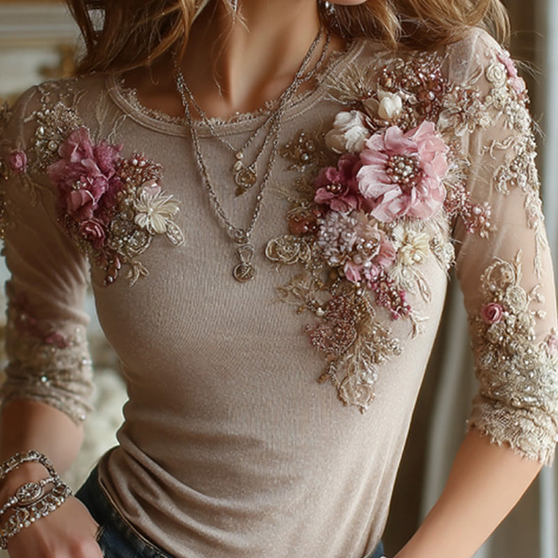Women's Casual Retro Bohemian Embroidered Floral Print T-shirt elevenforest