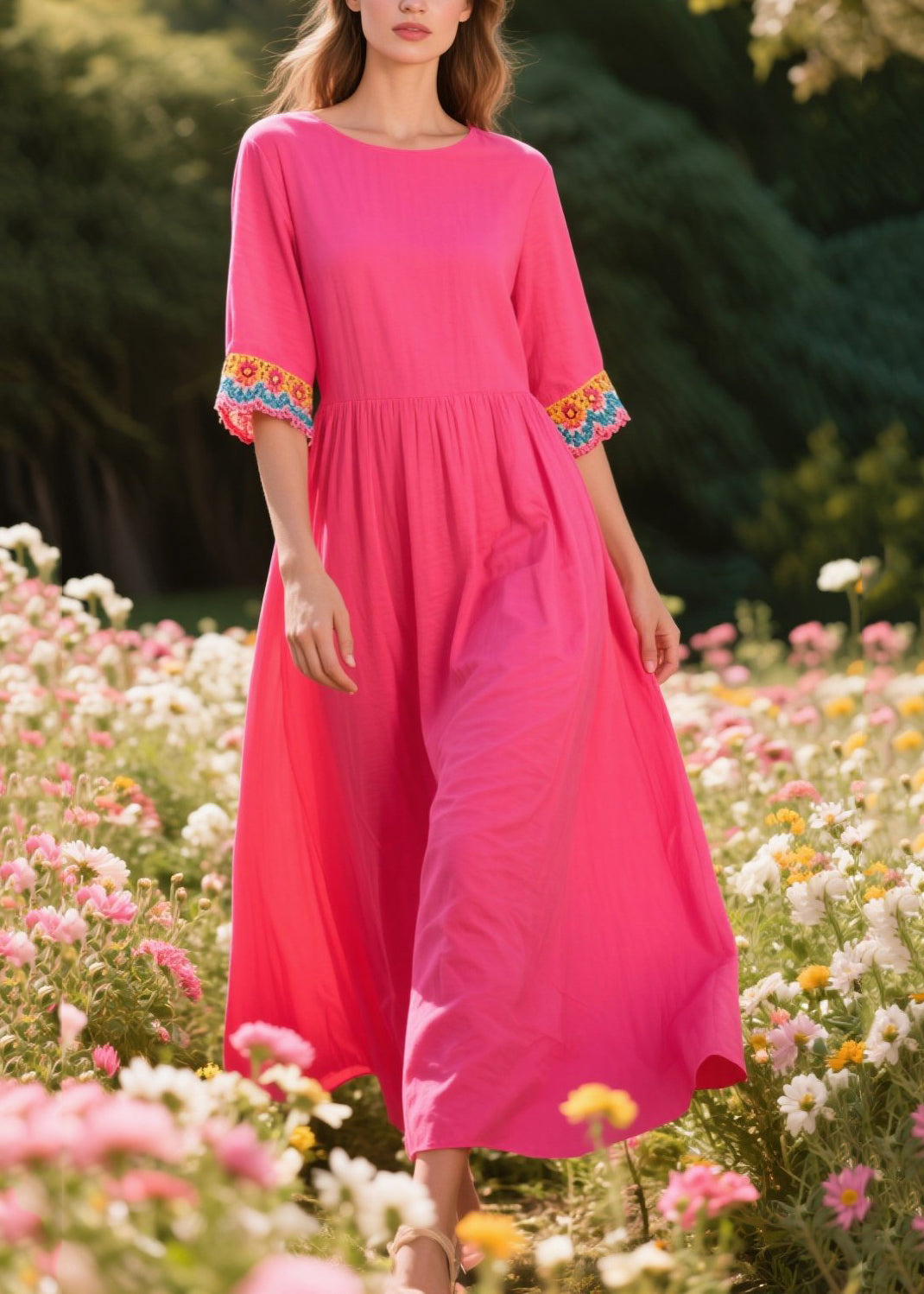 Rose Oversized Patchwork Cotton Dresses Half Sleeve