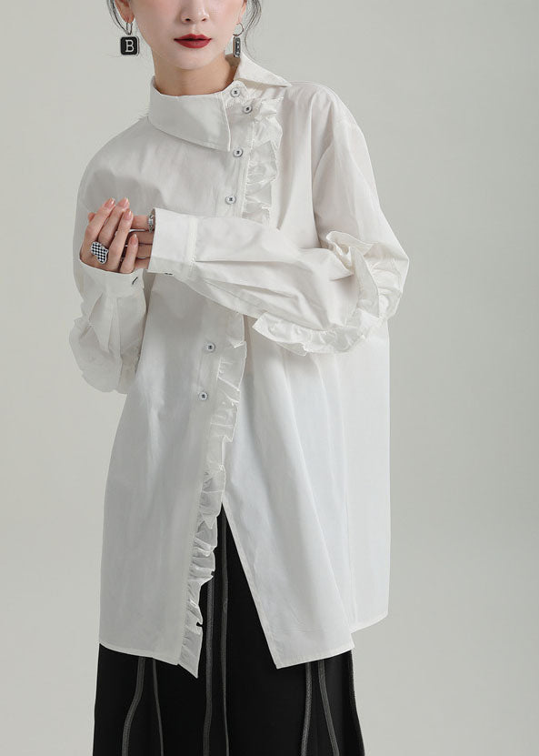 White Asymmetrical Design Ruffled Cotton Blouse Top Fall