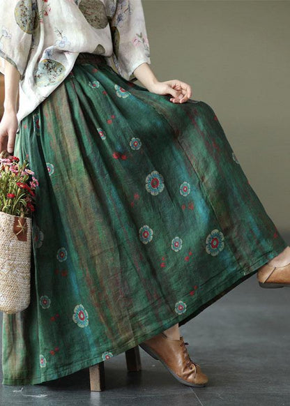 Black Flower Elastic Waist Print Linen Skirts Summer