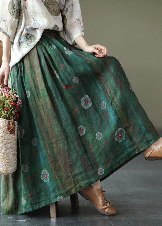 Black Flower Elastic Waist Print Linen Skirts Summer