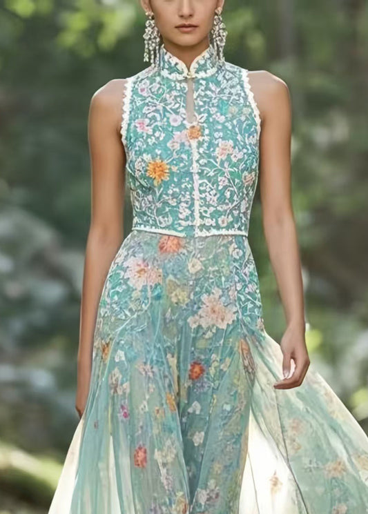 Style Green Mandarin Collar Chiffon Party Dress Sleeveless