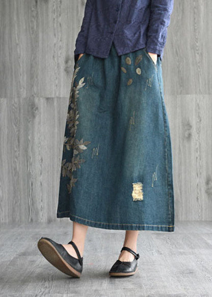 Natural Dark Blue Pockets Embroideried Cotton Denim Skirts Spring