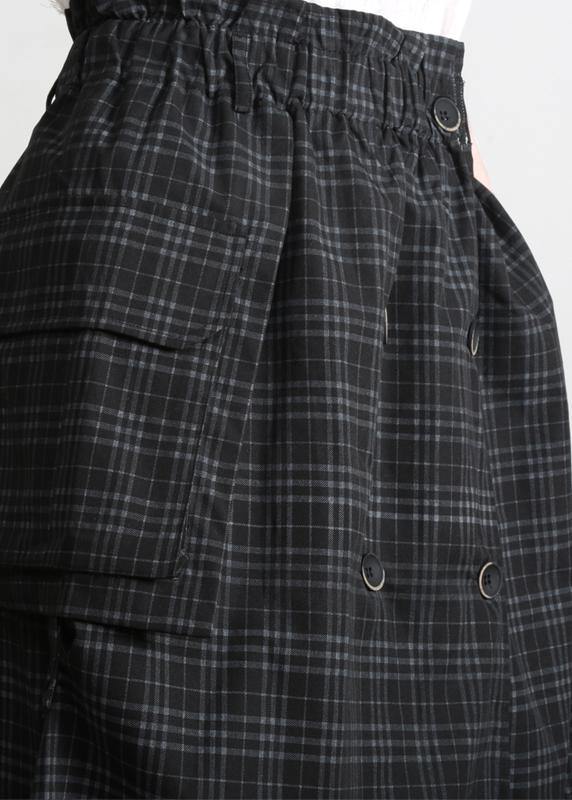 Black Plaid Button Pockets Summer Cotton Skirts