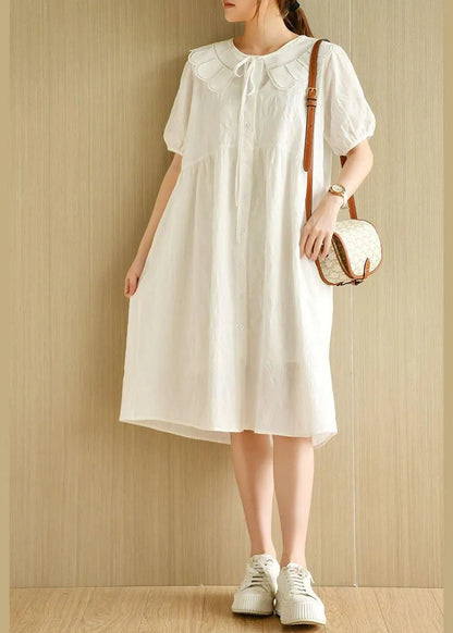 White O-neck Jacquard Summer Cotton Party Dresses Short Sleeve