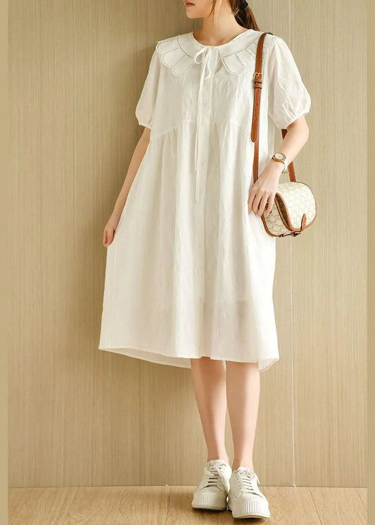 White O-neck Jacquard Summer Cotton Party Dresses Short Sleeve