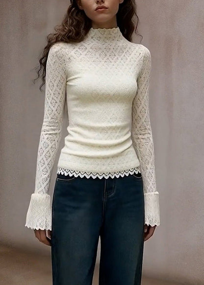 French White Turtleneck Lace T Shirts Flare Sleeve