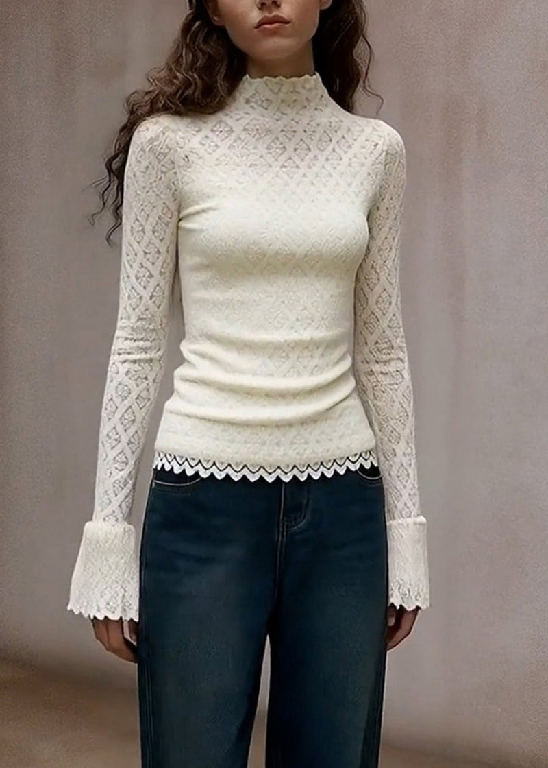 French White Turtleneck Lace T Shirts Flare Sleeve