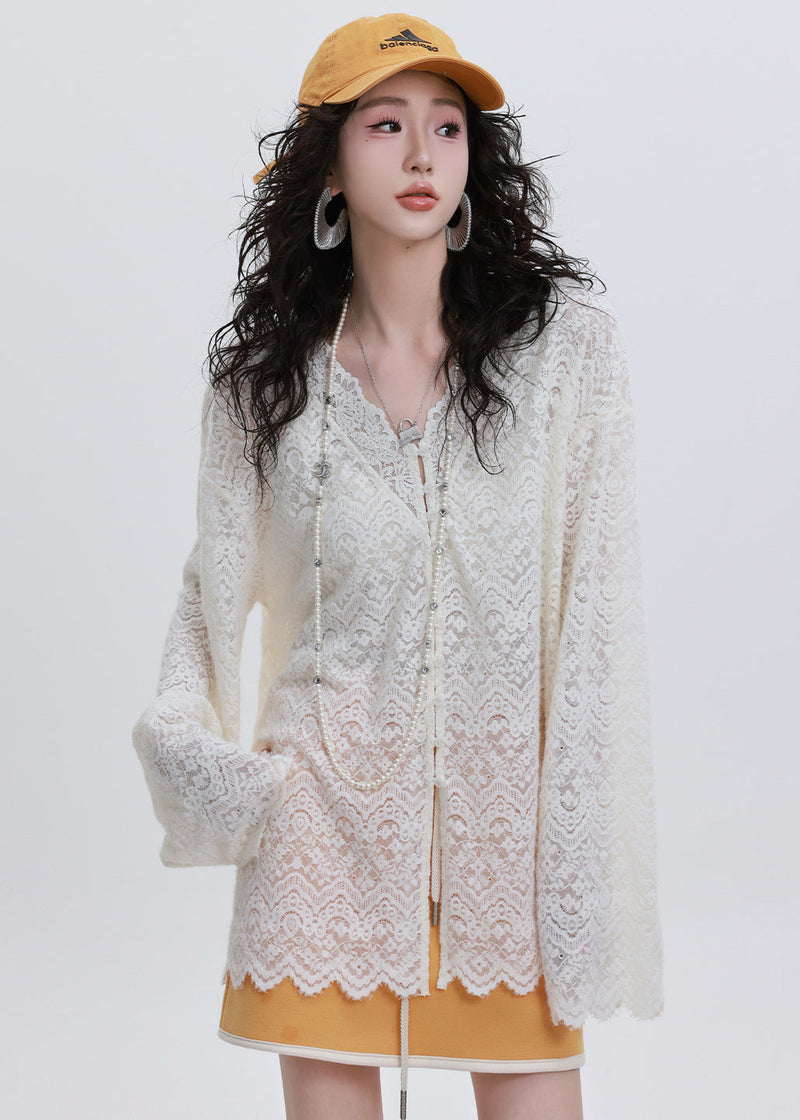 French White Oversized Lace Upf 50+ Shirt Top Spring