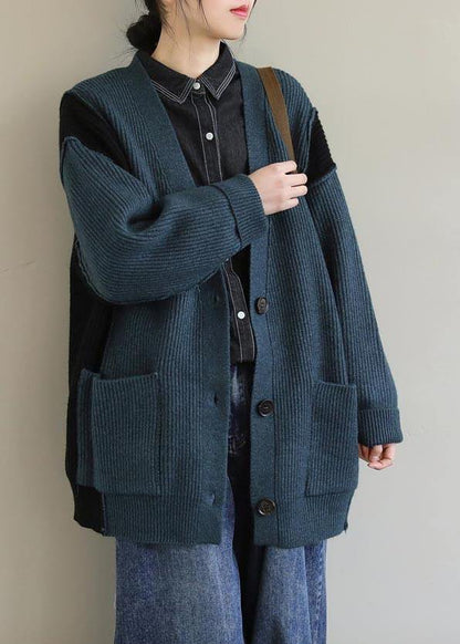 Oversized Green Knit Sweat Tops Oversize V Neck Button Down Sweater Tops