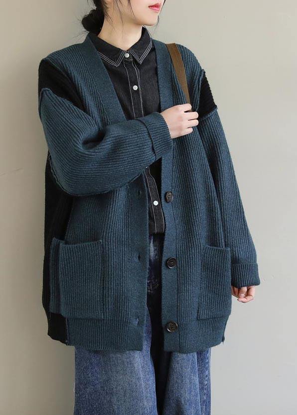 Oversized Green Knit Sweat Tops Oversize V Neck Button Down Sweater Tops