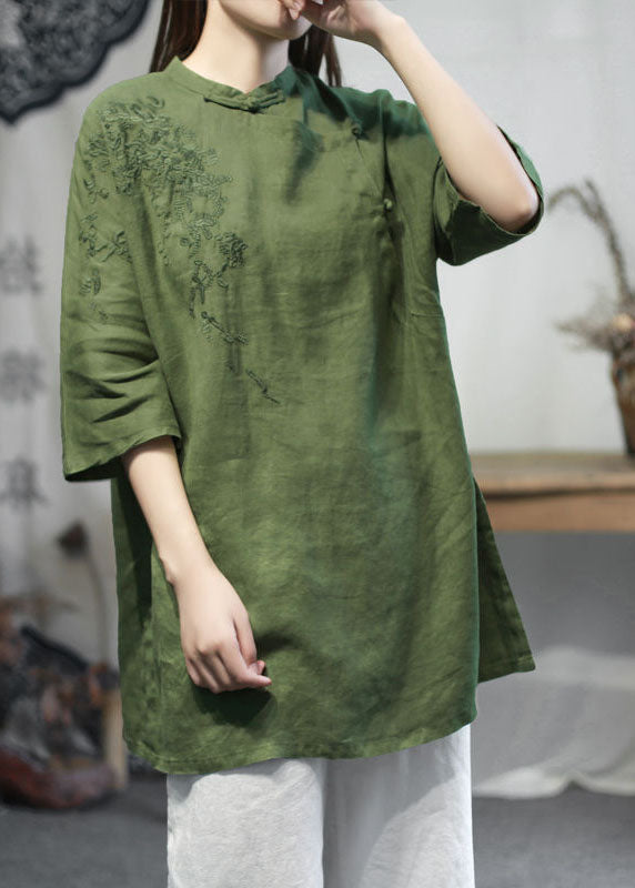 Green Stand Collar Embroidered Linen Tops Half Sleeve