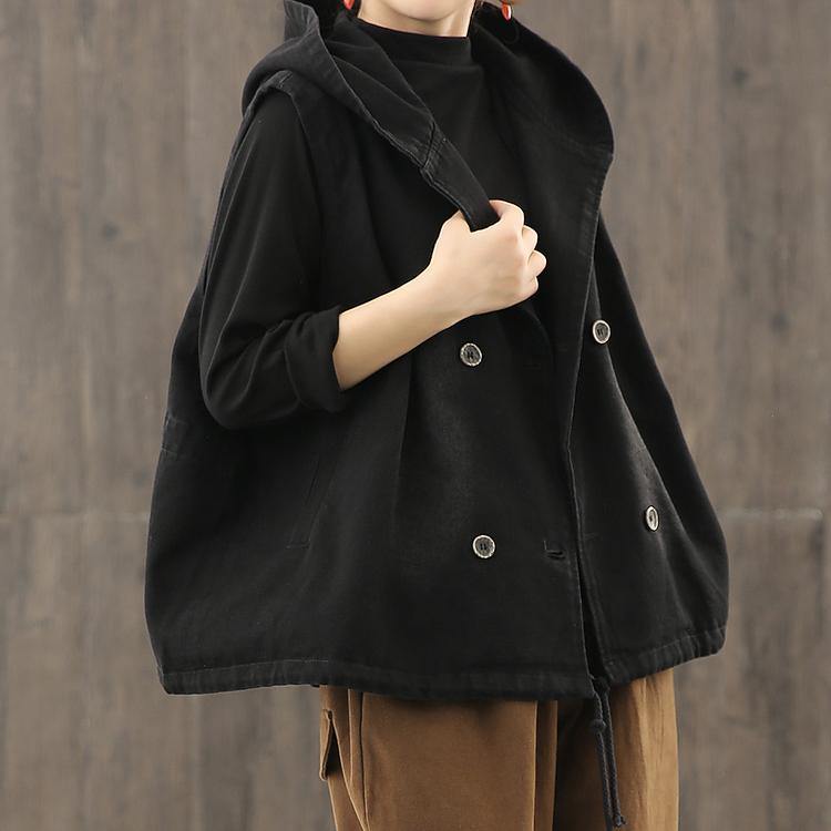 Denim Black Waistcoat Autumn Loose Large Size Tooling Double Breasted Hooded Vest
