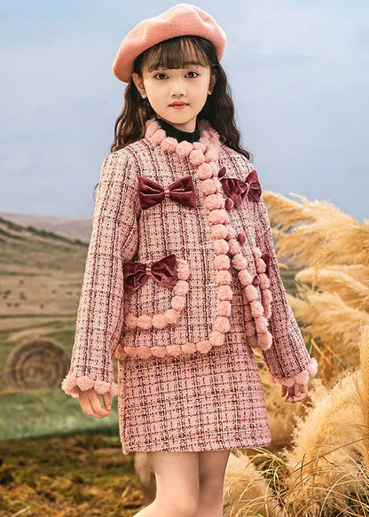Pink O-neck Patchwork Button Kids Coats and Skirts Two Pieces Set Spring