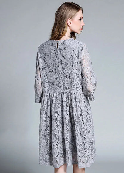 Grey O-neck Patchwork Lace Maxi Dresses Bracelet Sleeve