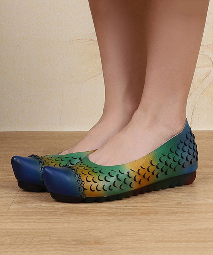 Blue Hollow Out Wedge Cowhide Leather Splicing Sandals
