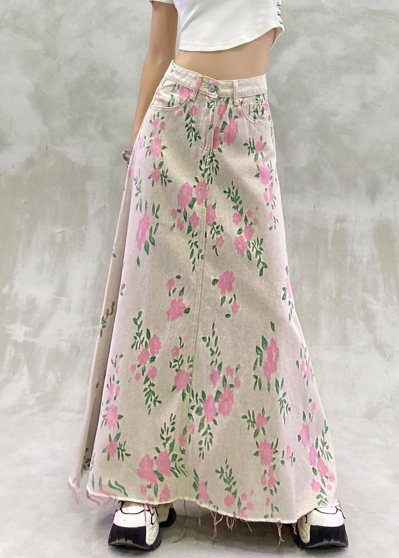 Print Pockets High Waist Denim Skirt Summer