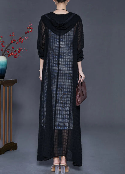 Black Hooded Plaid Tulle Cardigans Spring