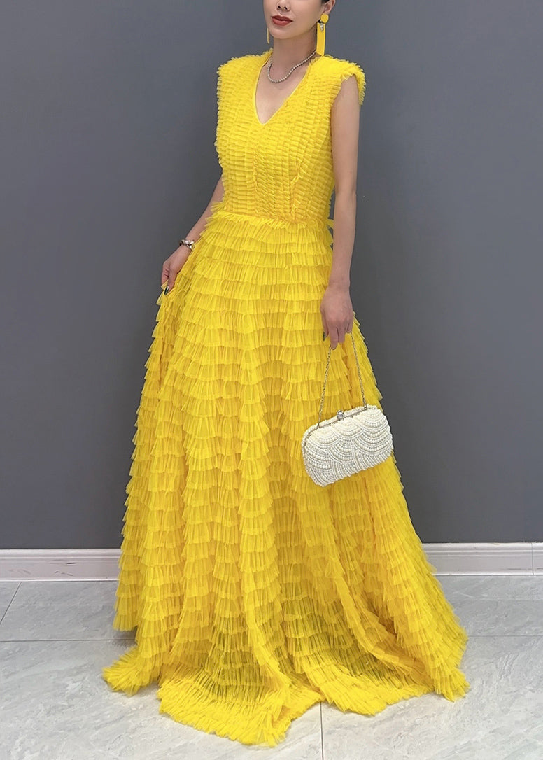 Yellow Wrinkled Vacation Maxi Cake Dresses Summer