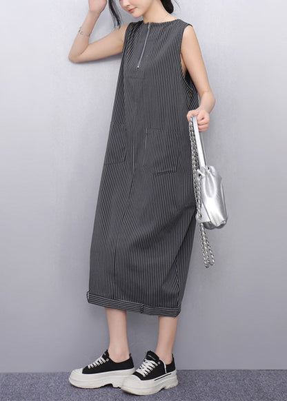 Dark Grey Striped Pockets Long Dresses Sleeveless