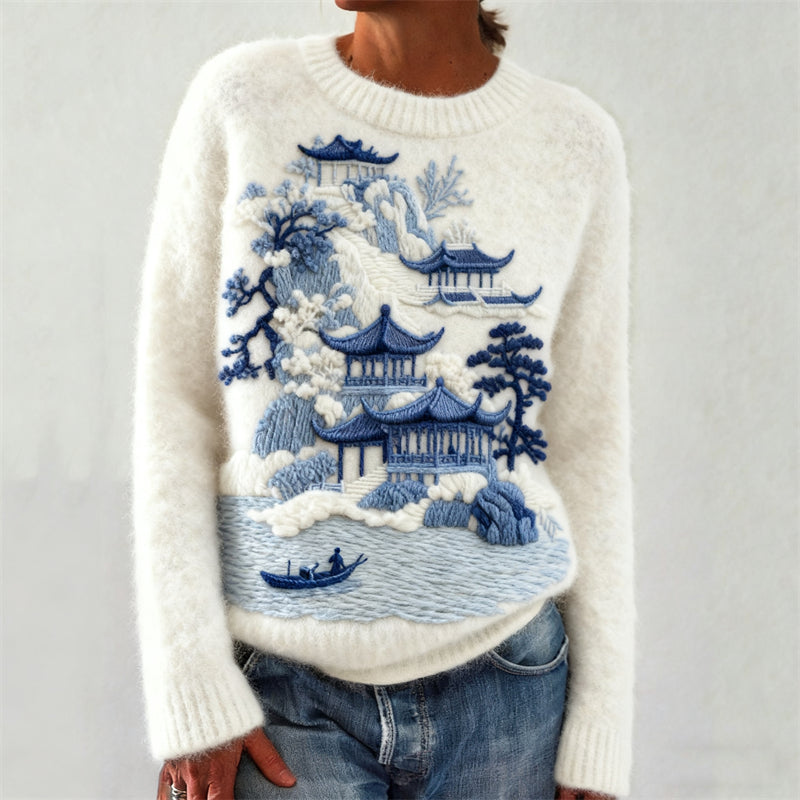 Comstylish Japanese Buildings Pine Trees Mountain Landscape Embroidered Cozy Sweater