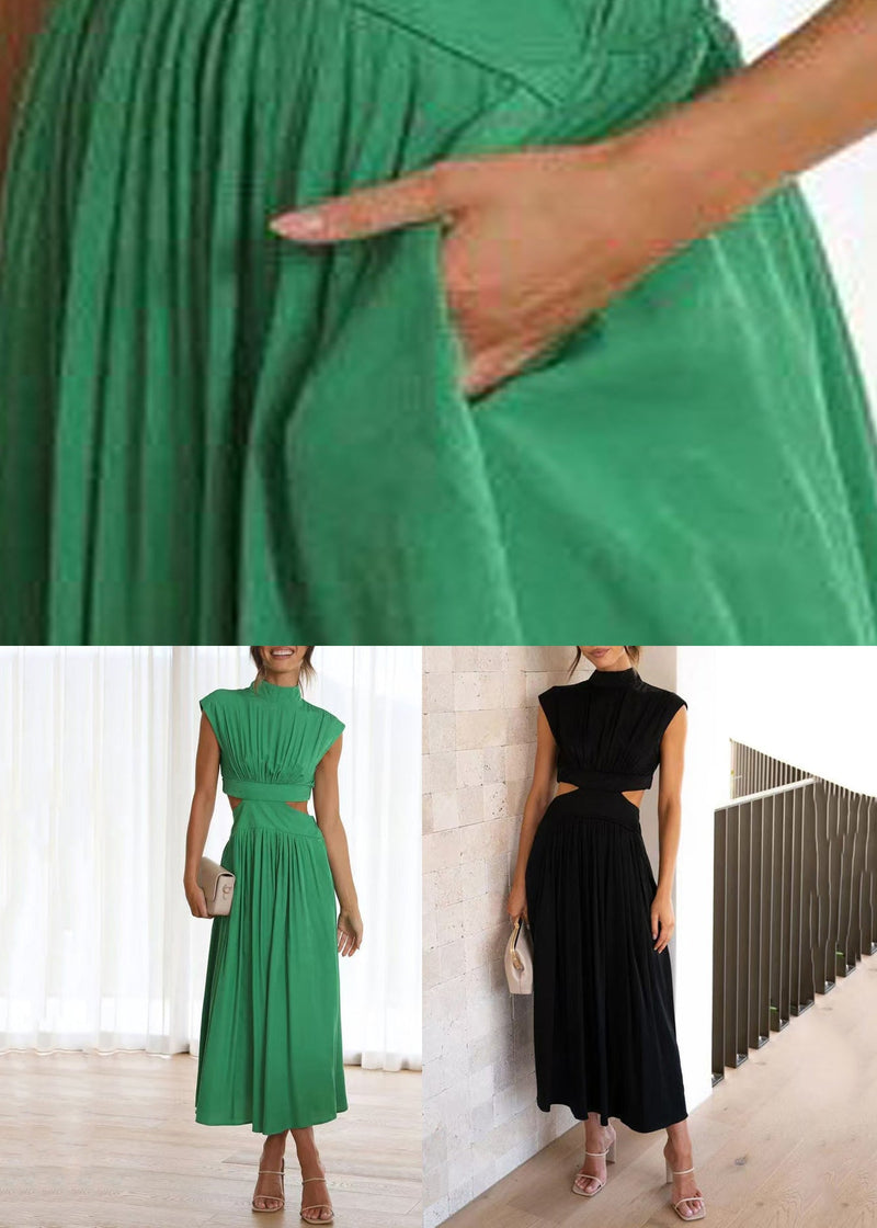 Black Pockets Cotton Summer Long Dresses Hollow Out