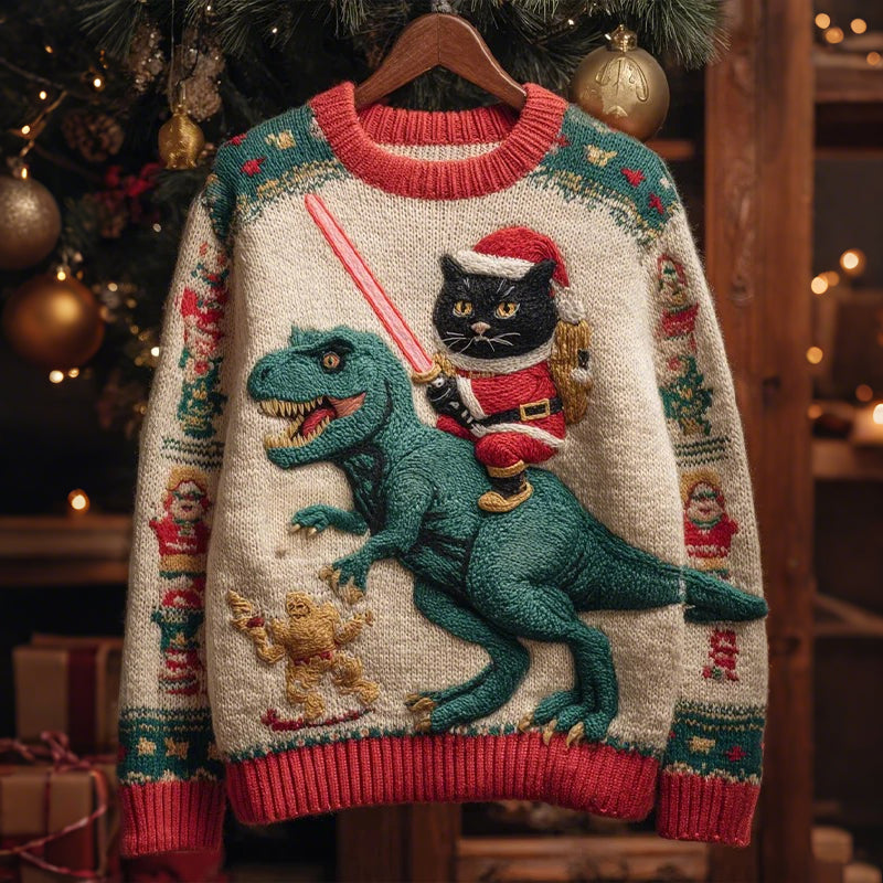 Men's Black Cat Riding A Dinosaur And Holding A Lightsaber Christmas Ugly Sweater elevenforest