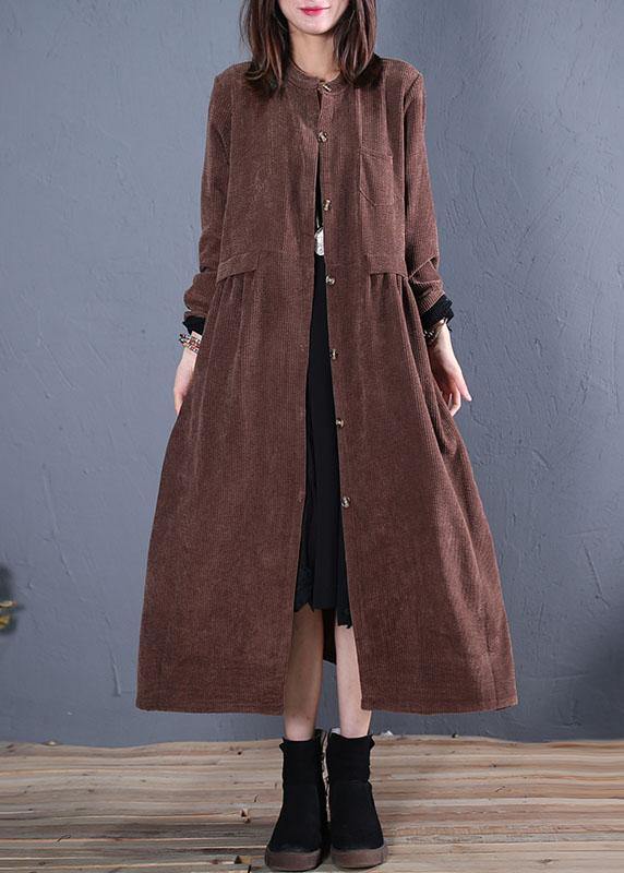 Loose Fitting Coats Fall Coats Chocolate O Neck Pockets Outwear