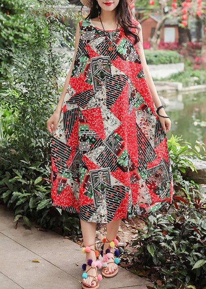 Red Print Cotton Clothes Sleeveless Tie Waist a Line Summer Dresses