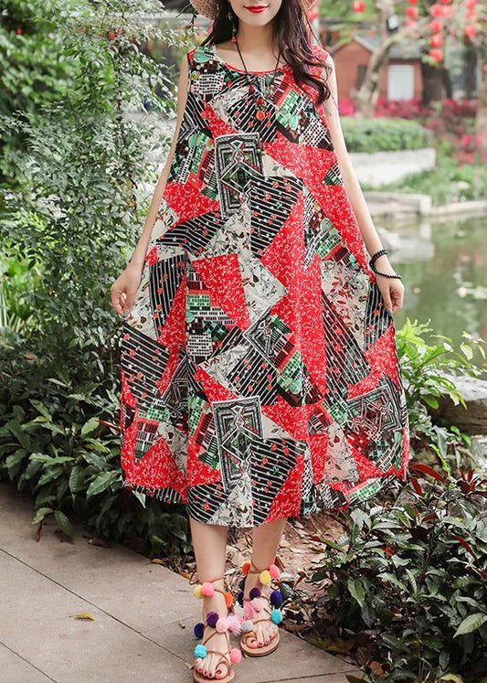Red Print Cotton Clothes Sleeveless Tie Waist a Line Summer Dresses