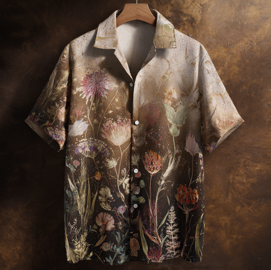 Bohemian Style Plant And Flower Pattern Men's Retro Cotton And Linen Shirt elevenforest