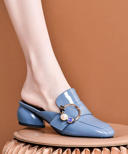 Blue Zircon Splicing Faux Leather Chunky Slide Sandals