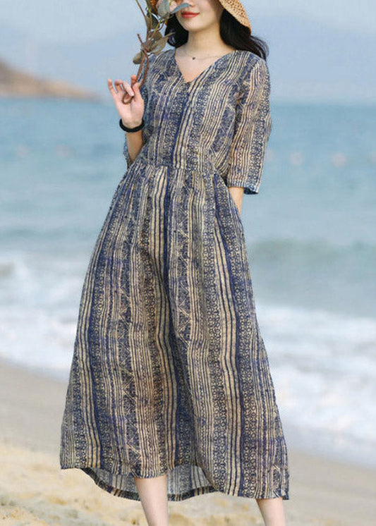Blue V Neck Striped Patchwork Pockets Linen Dresses Short Sleeve
