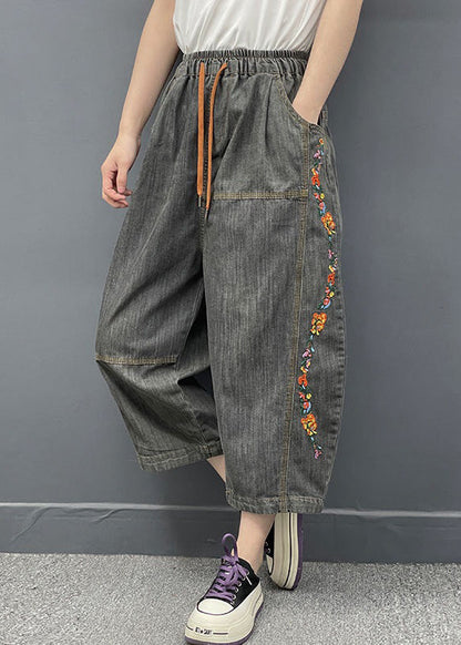 Dark Gray Embroidered Elastic Waist Denim Crop Pants Spring