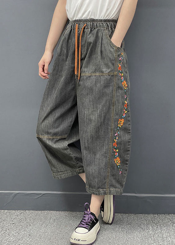 Dark Gray Embroidered Elastic Waist Denim Crop Pants Spring