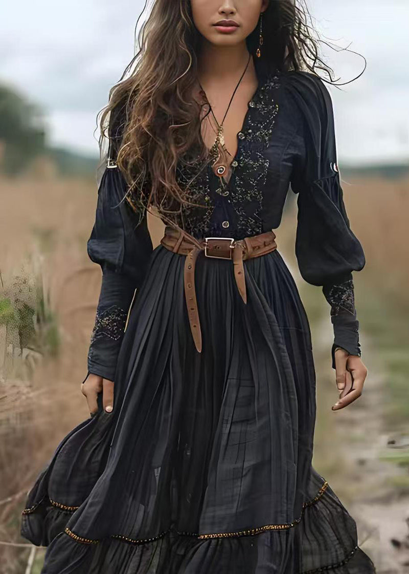 Black V Neck Print Wrinkled Cotton Long Dress Spring